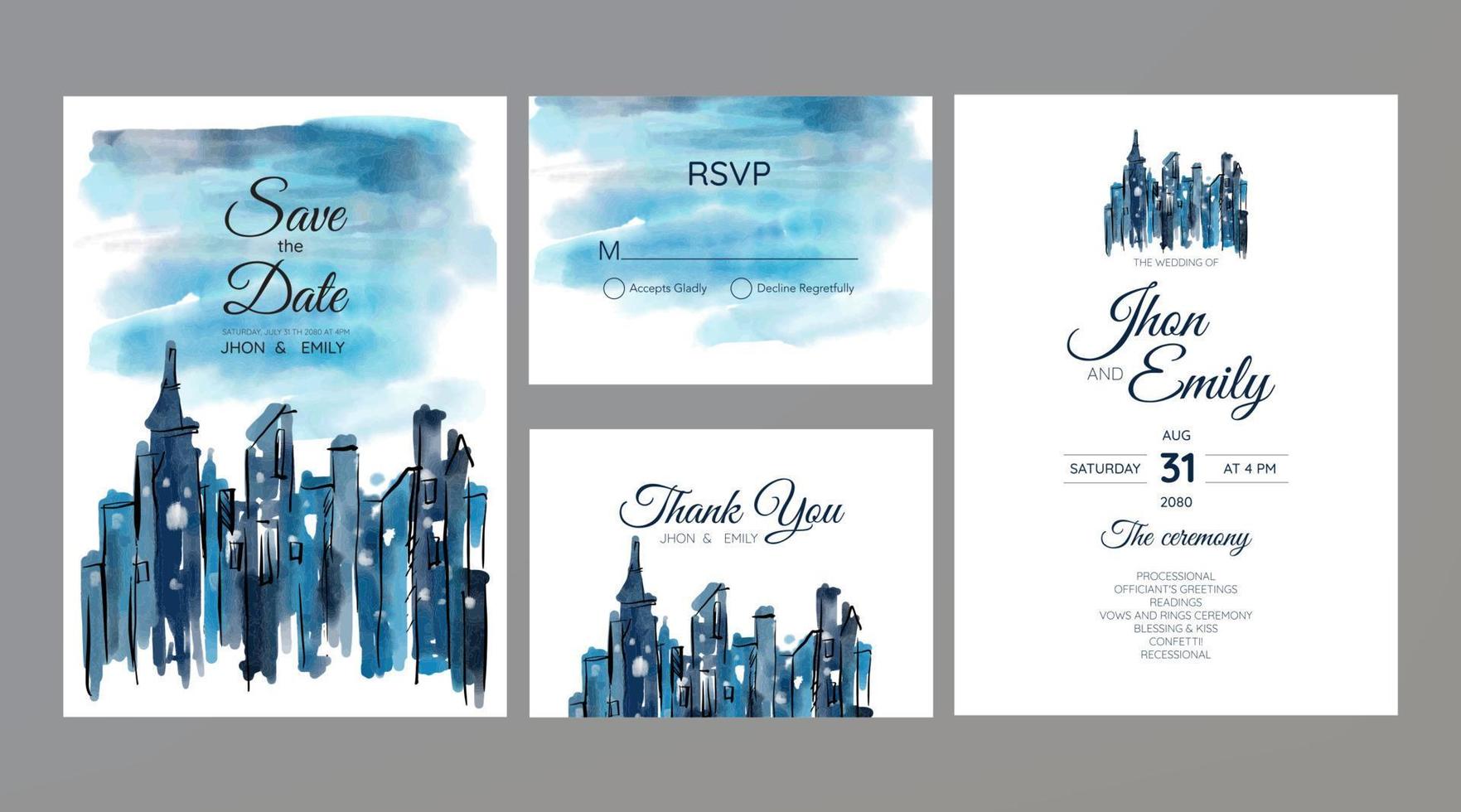 tarjetas de invitación de boda con acuarela de la ciudad de metrópolis vector
