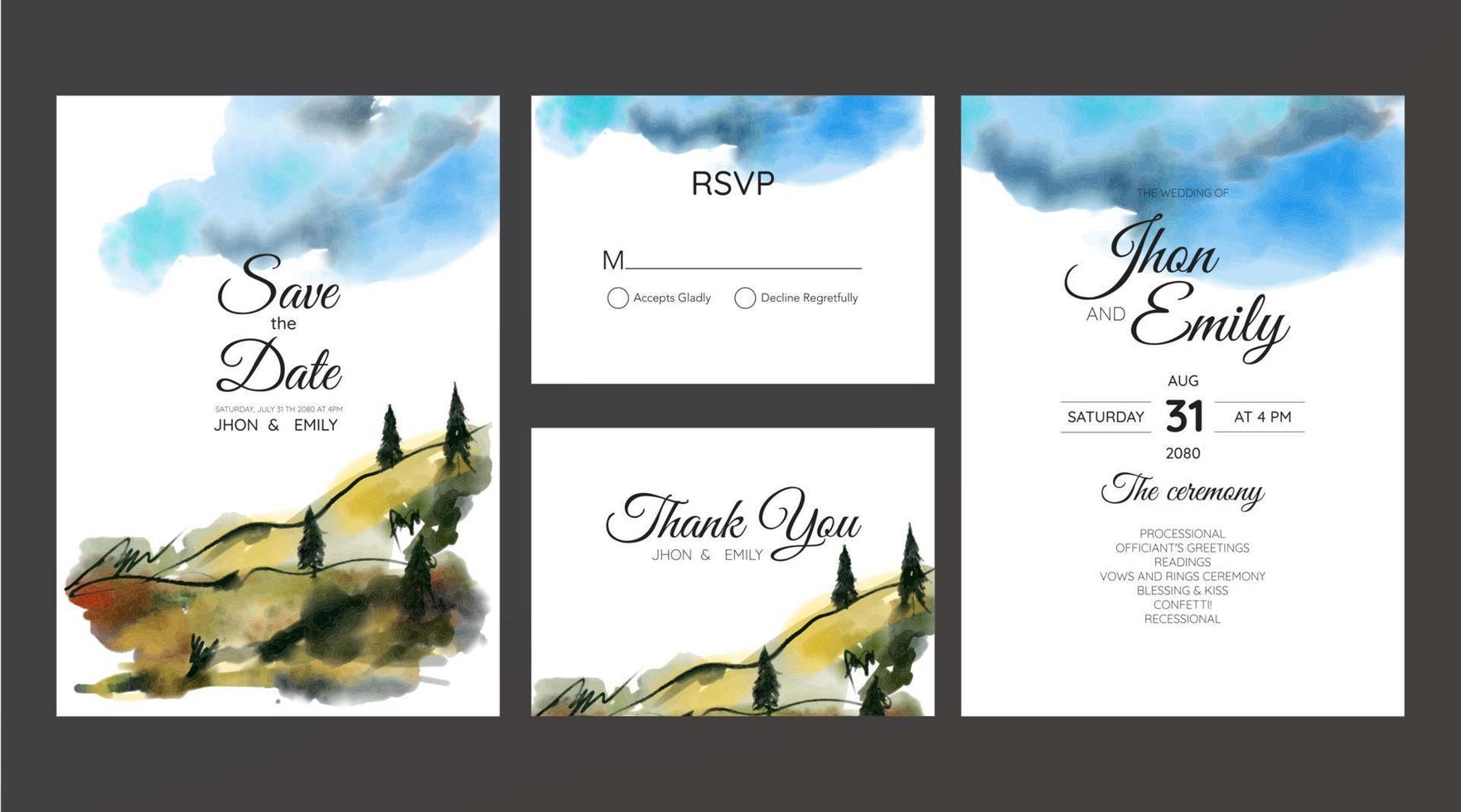 wedding invitation with mountain view watercolor background vector