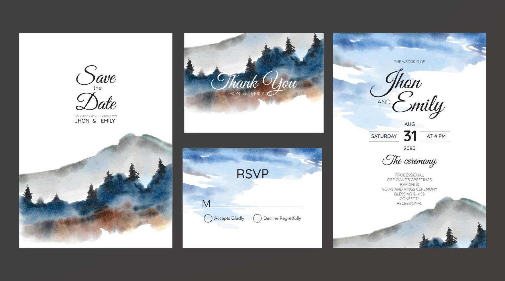 wedding invitation with mountain view watercolor background vector