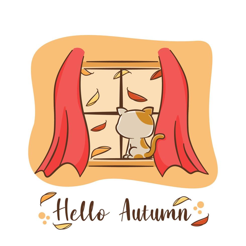 Cat behind the window with hello autumn greeting illustration vector