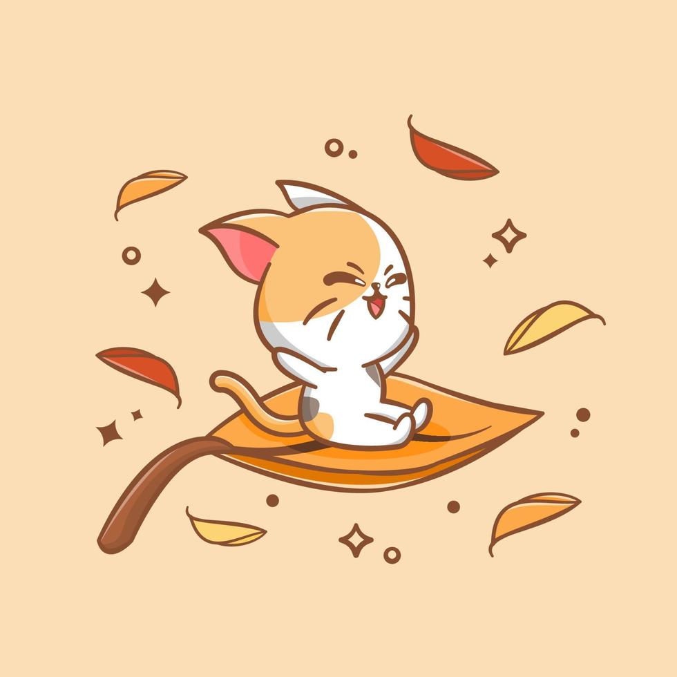 lindo gato montando una hoja en otoño ilustración de dibujos animados vector