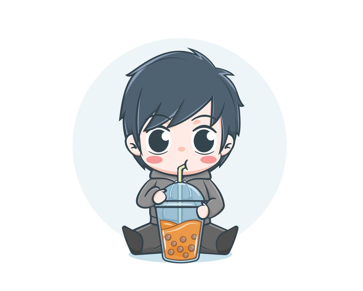Cute boy wearing hoodie with drinking bubble tea cartoon illustration vector