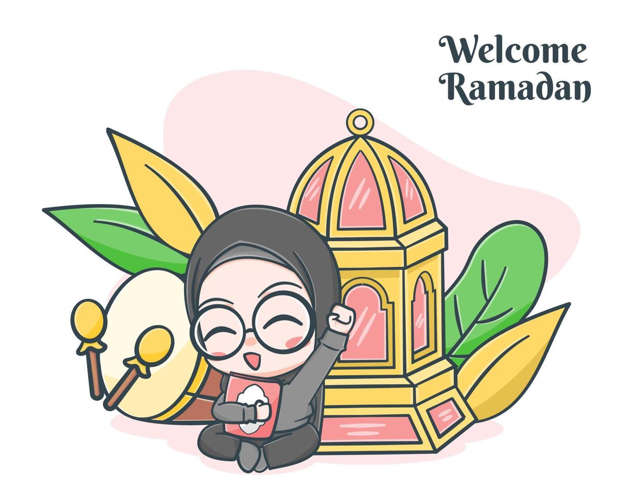 Ramadan greeting card with cute girl cartoon illustration vector