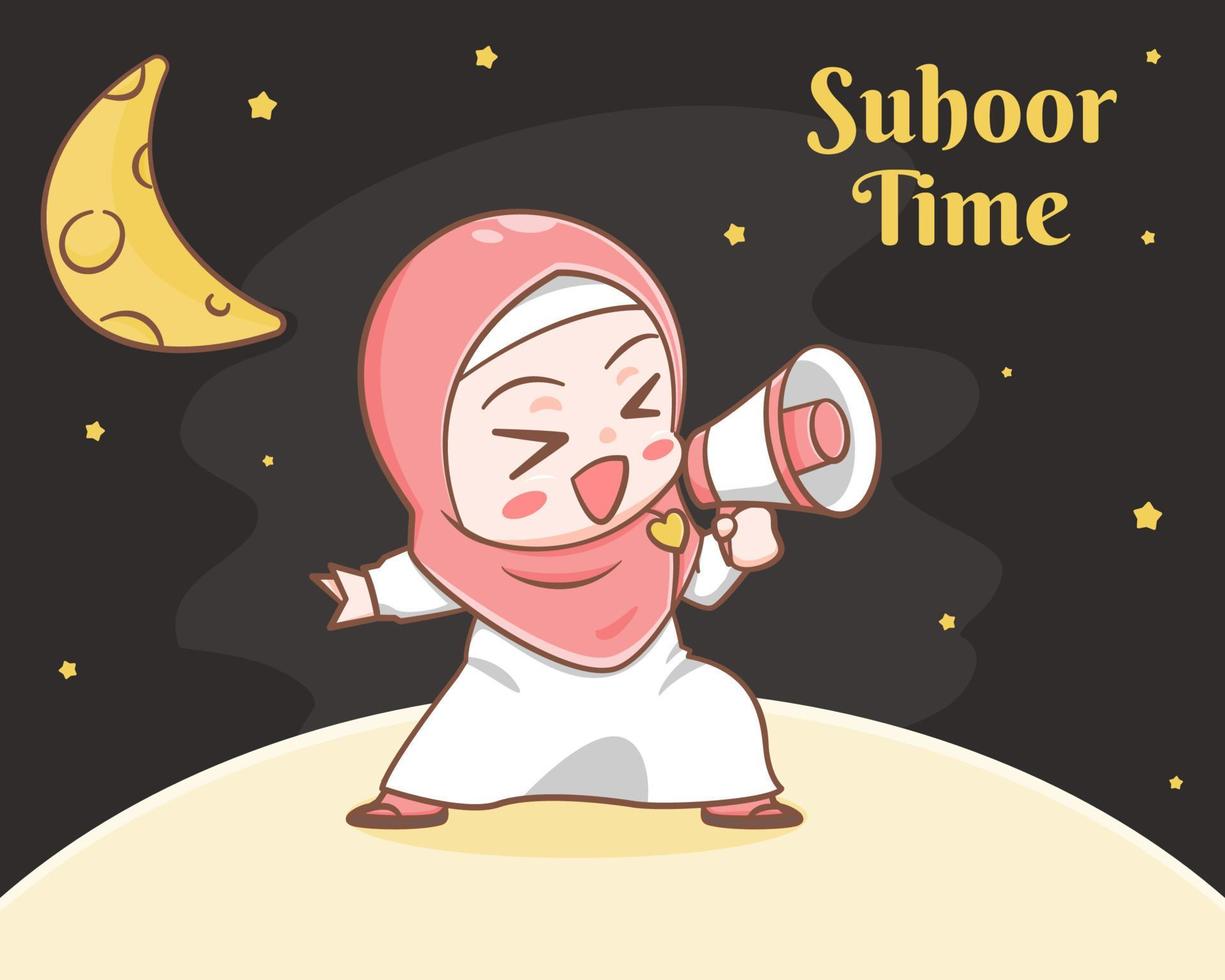 tiempo de suhoor con linda ilustración de dibujos animados de niña musulmana vector