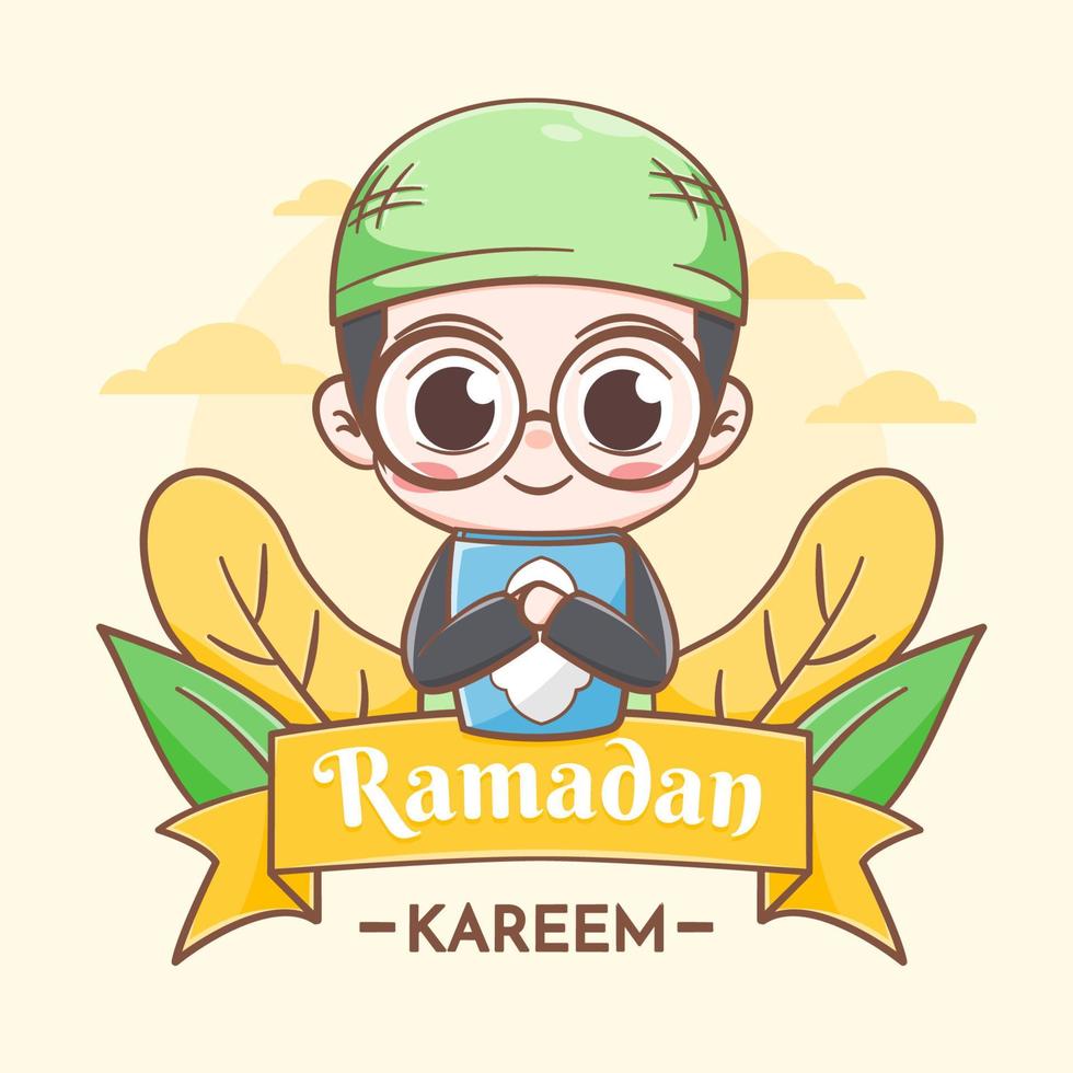 Ramadan kareem greeting card with cute boy cartoon illustration vector