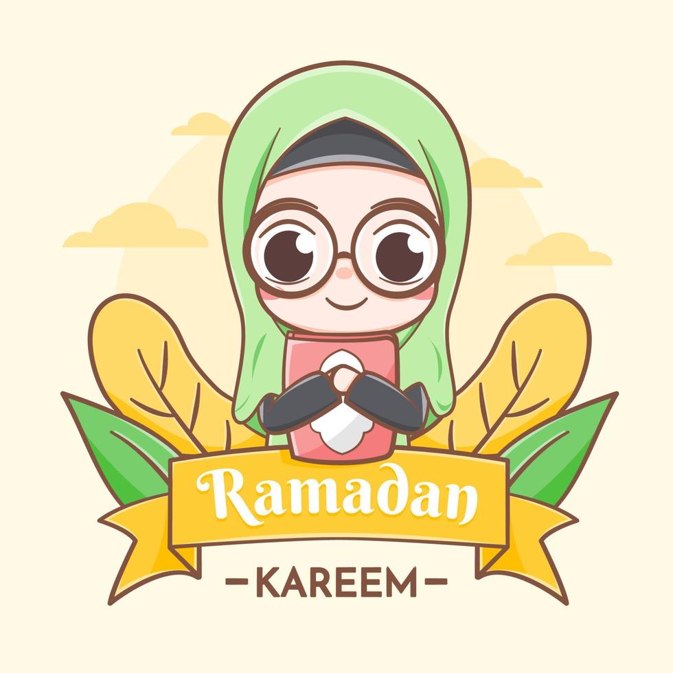 Ramadan kareem greeting card with cute girl cartoon illustration vector