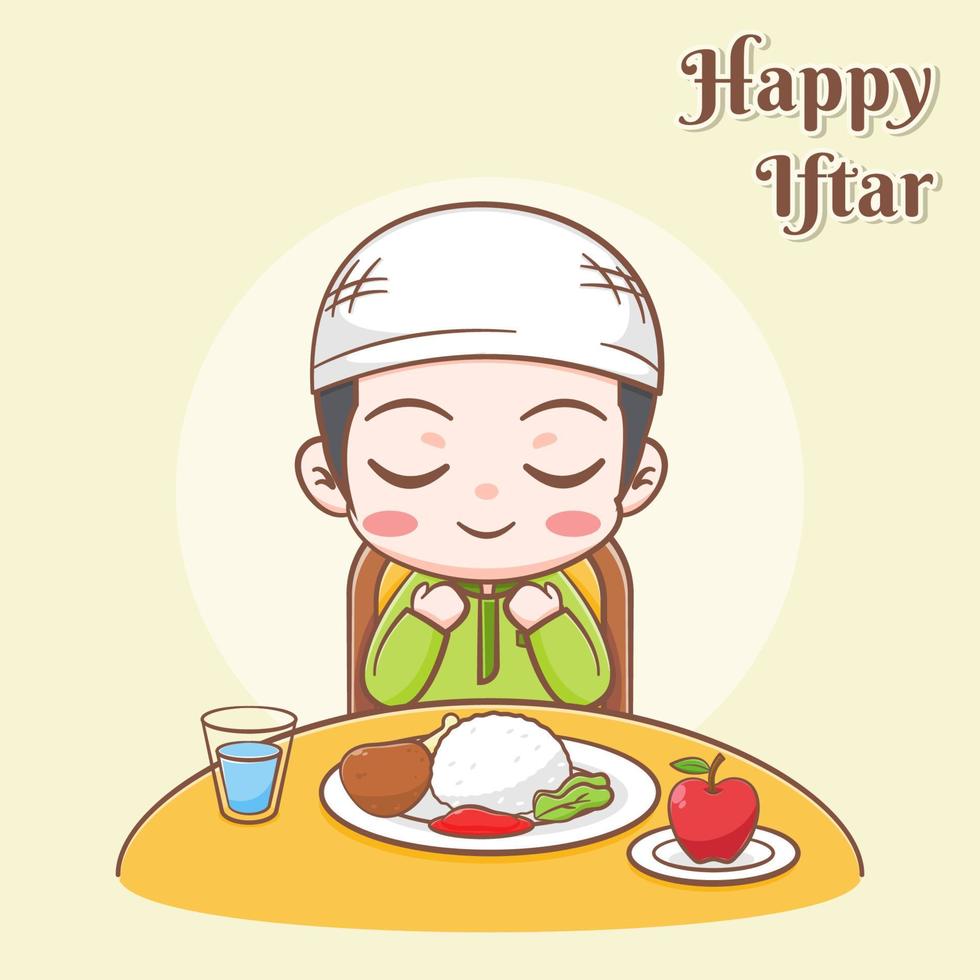 Happy iftar greeting card with a cute boy praying for having meals cartoon illustration vector