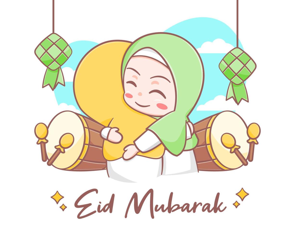 Eid mubarak greeting card with cute muslim girls cartoon illustration vector