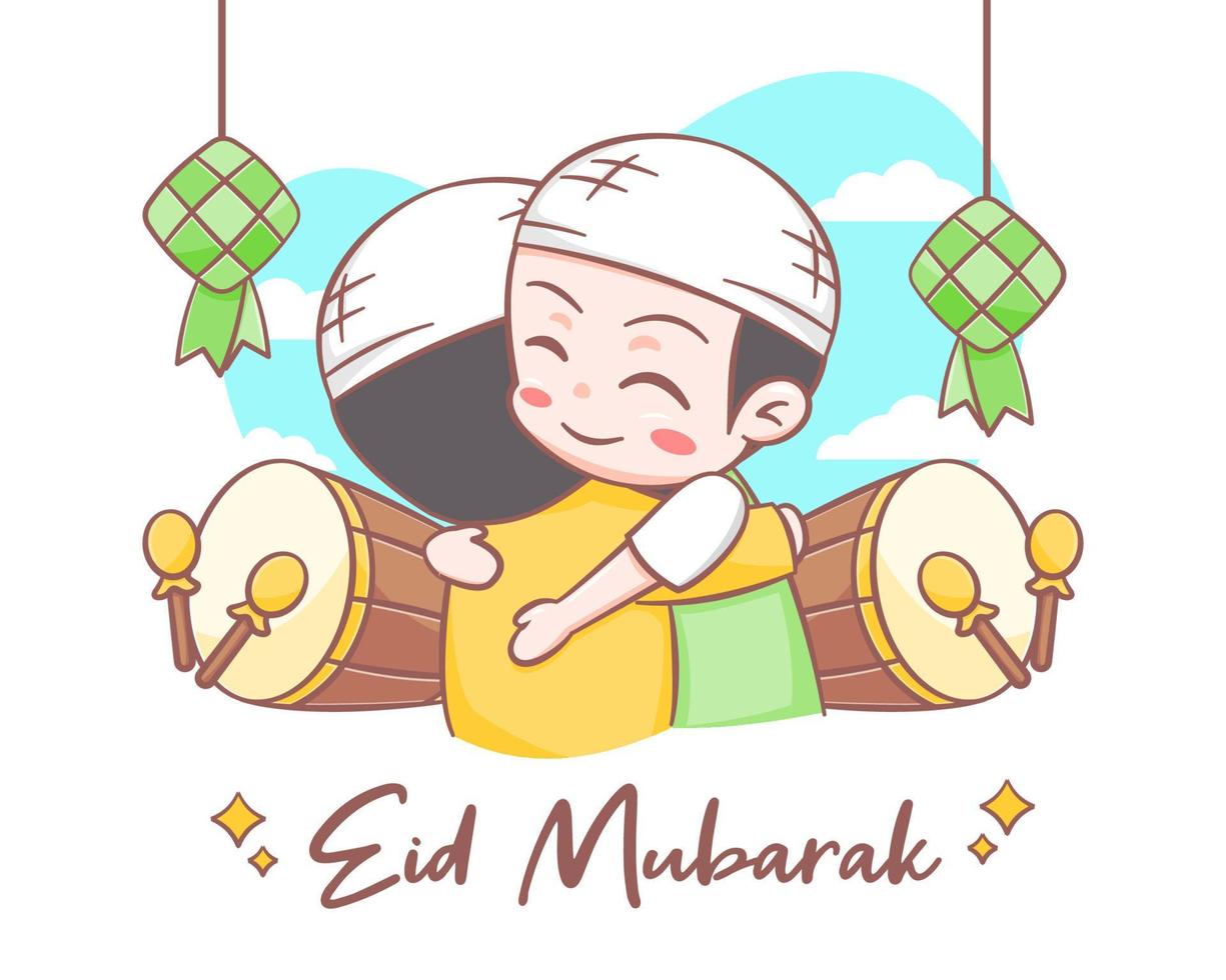 Eid mubarak greeting card with cute muslim boys cartoon illustration vector