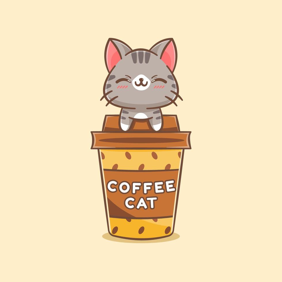 cute cat on the coffee cup cartoon illustration vector