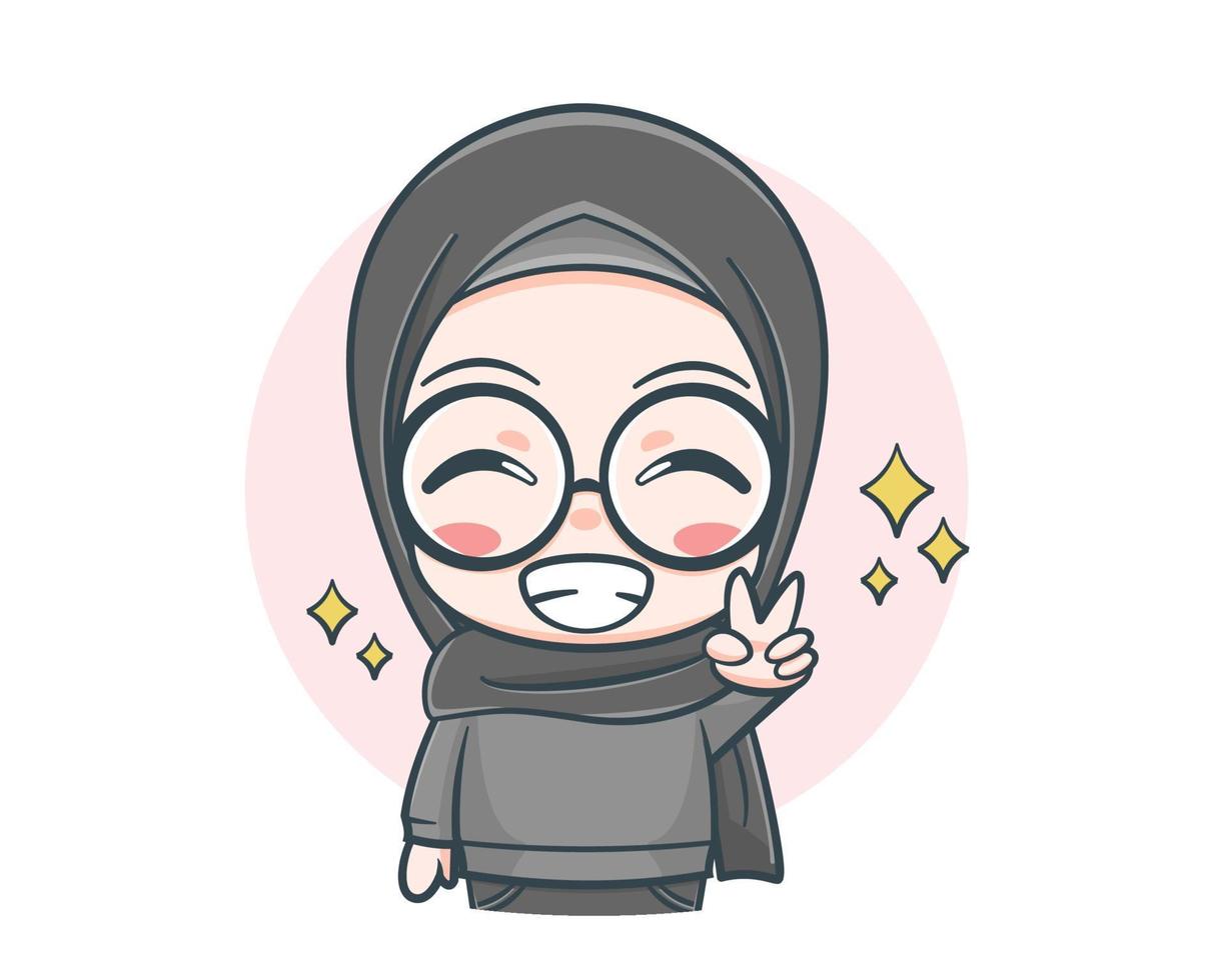 Cute muslim girl wearing sweater with peace sign cartoon illustration vector