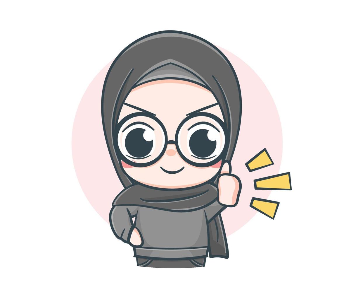 Cute muslim girl wearing sweater with thumb up cartoon illustration vector