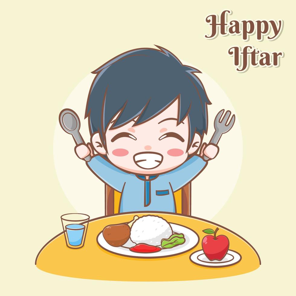 Happy iftar greeting card with a cute boy having meals cartoon illustration vector