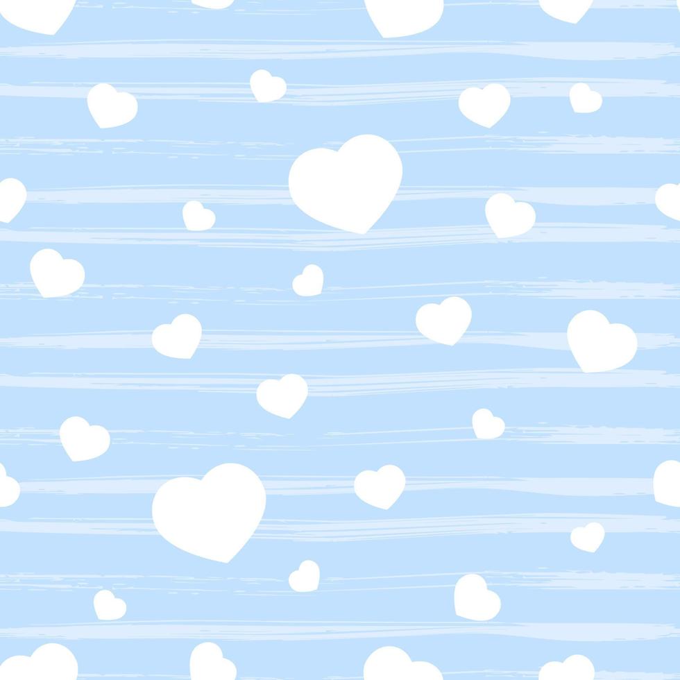 Seamless pattern with blue heart, texture stripes on white. Valentine s day background. Love concept. For wallpaper, gift box, scrapbooking, clothes fabric textile Vector backdrop.