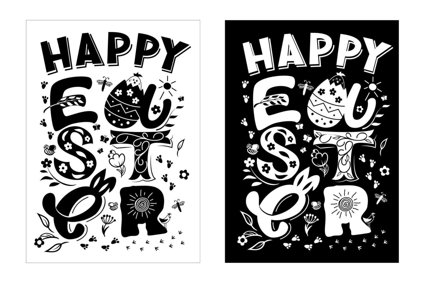 Happy Easter greeting card in white and black color. Vector illustration. Hand script lettering style. As template of postcard, banner, print, promotion, poster, flyer.