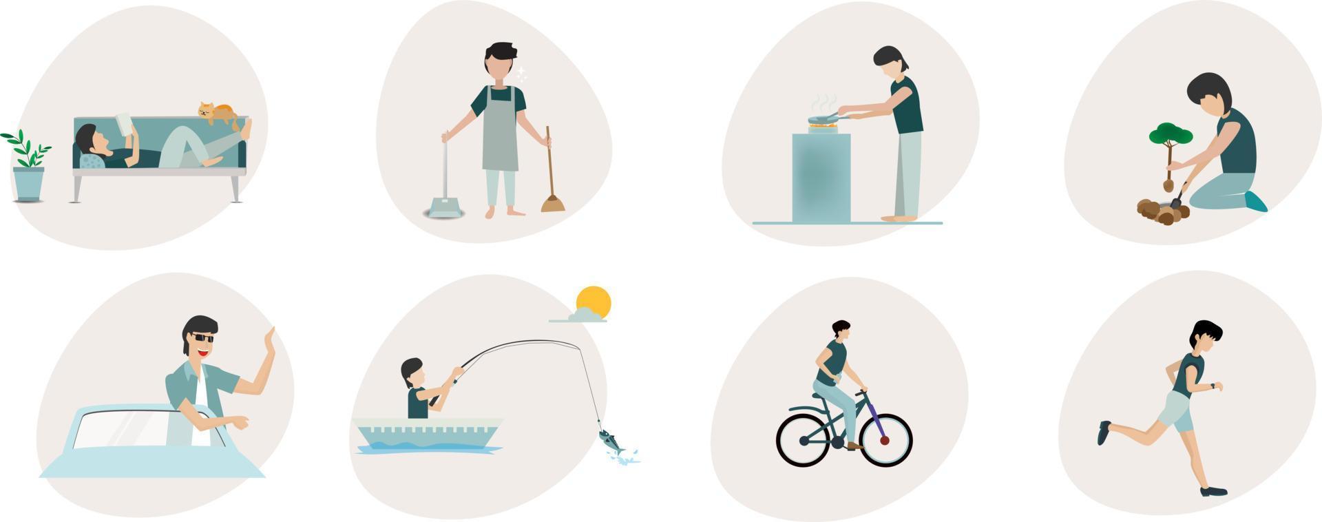 The daily life of a young man with a variety of activities, lifestyle concepts vector