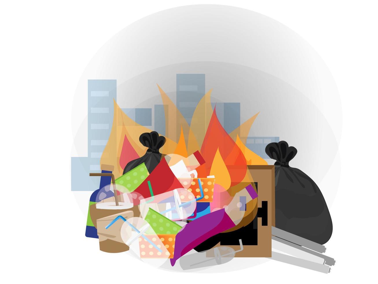 Illustration of urban plastic waste incineration flames burning rubbish and smoke, air pollution from burning garbage vector