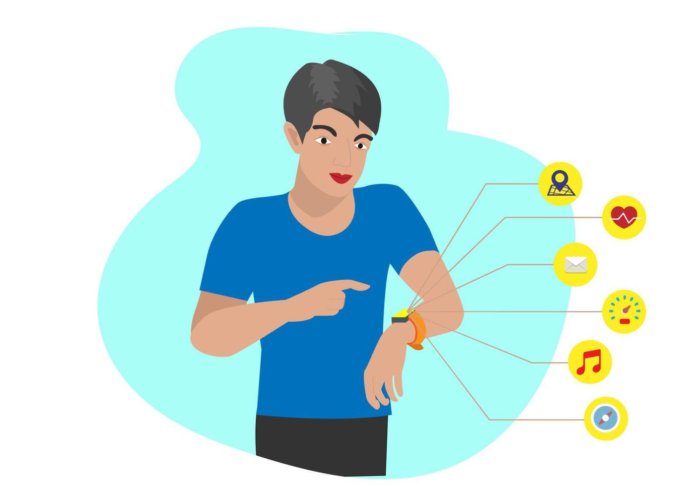 Young men look at electronic wrist watches Icon showing the action of the gadget The runner is watching his activity. Flat style cartoon illustration vector