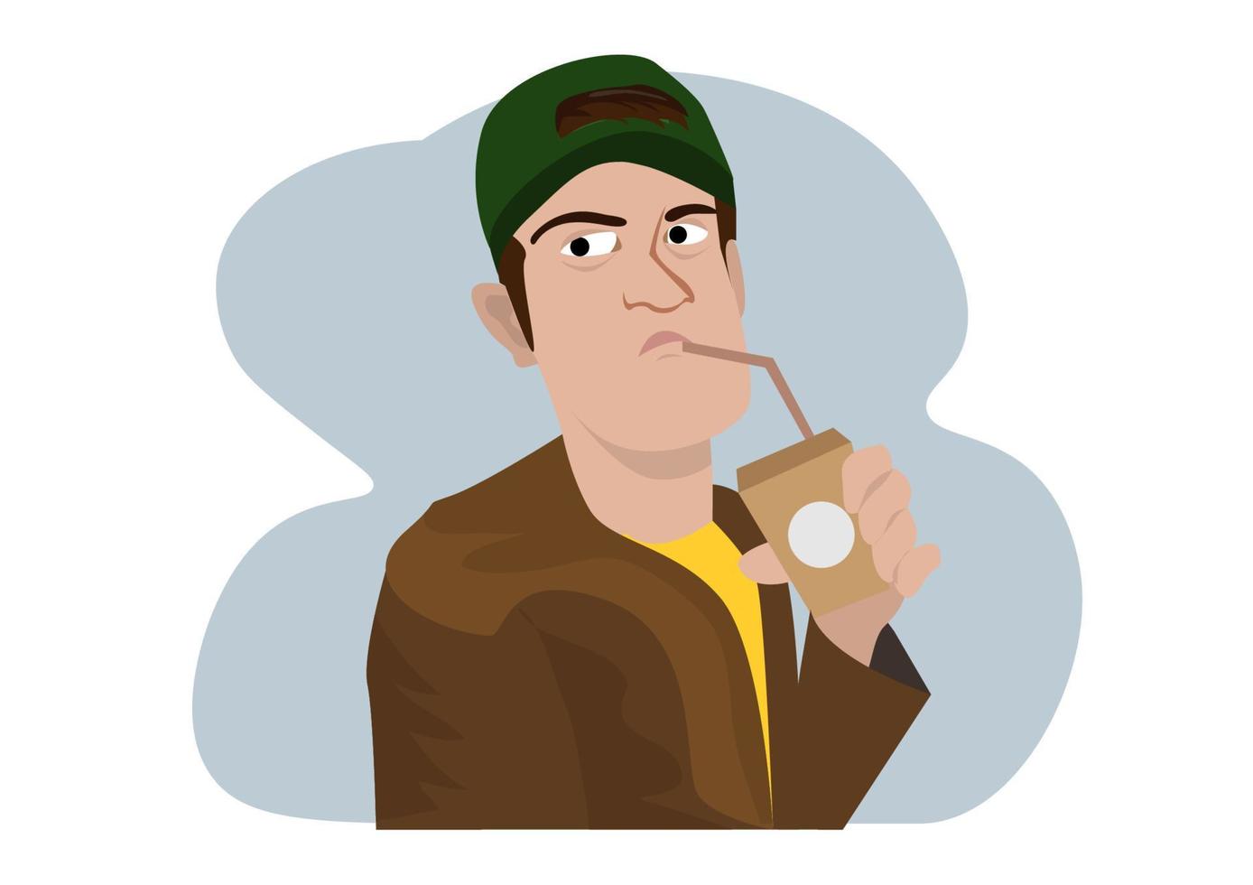 A middle-aged man drinking hot coffee, he looked frustrated. vector