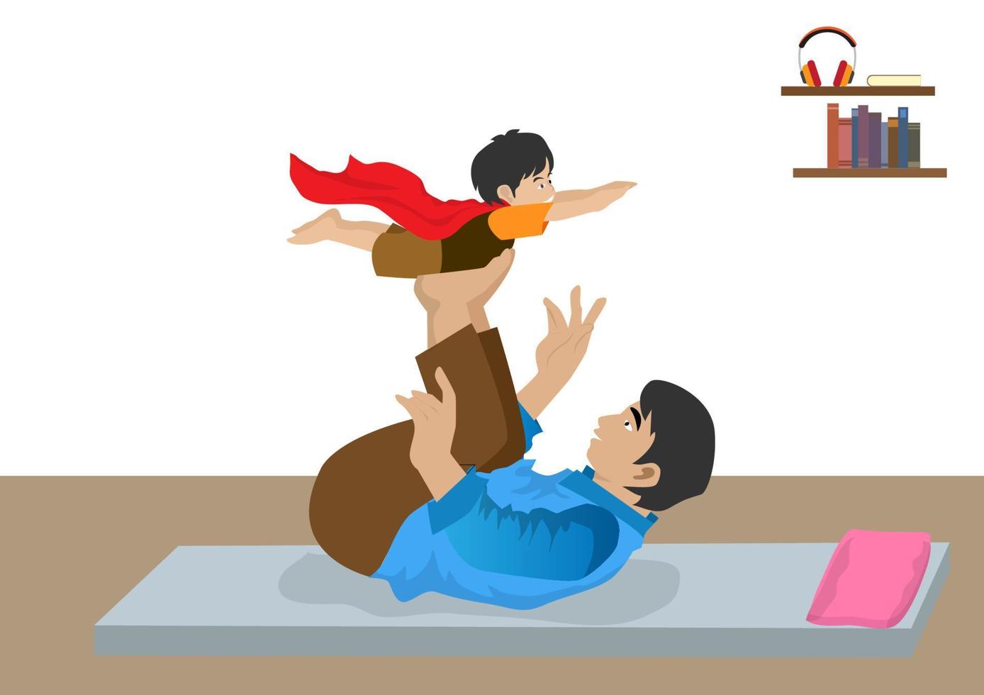 The boy depicted the plane with his arms extended and supported on his father's legs. Cartoon Vector Image