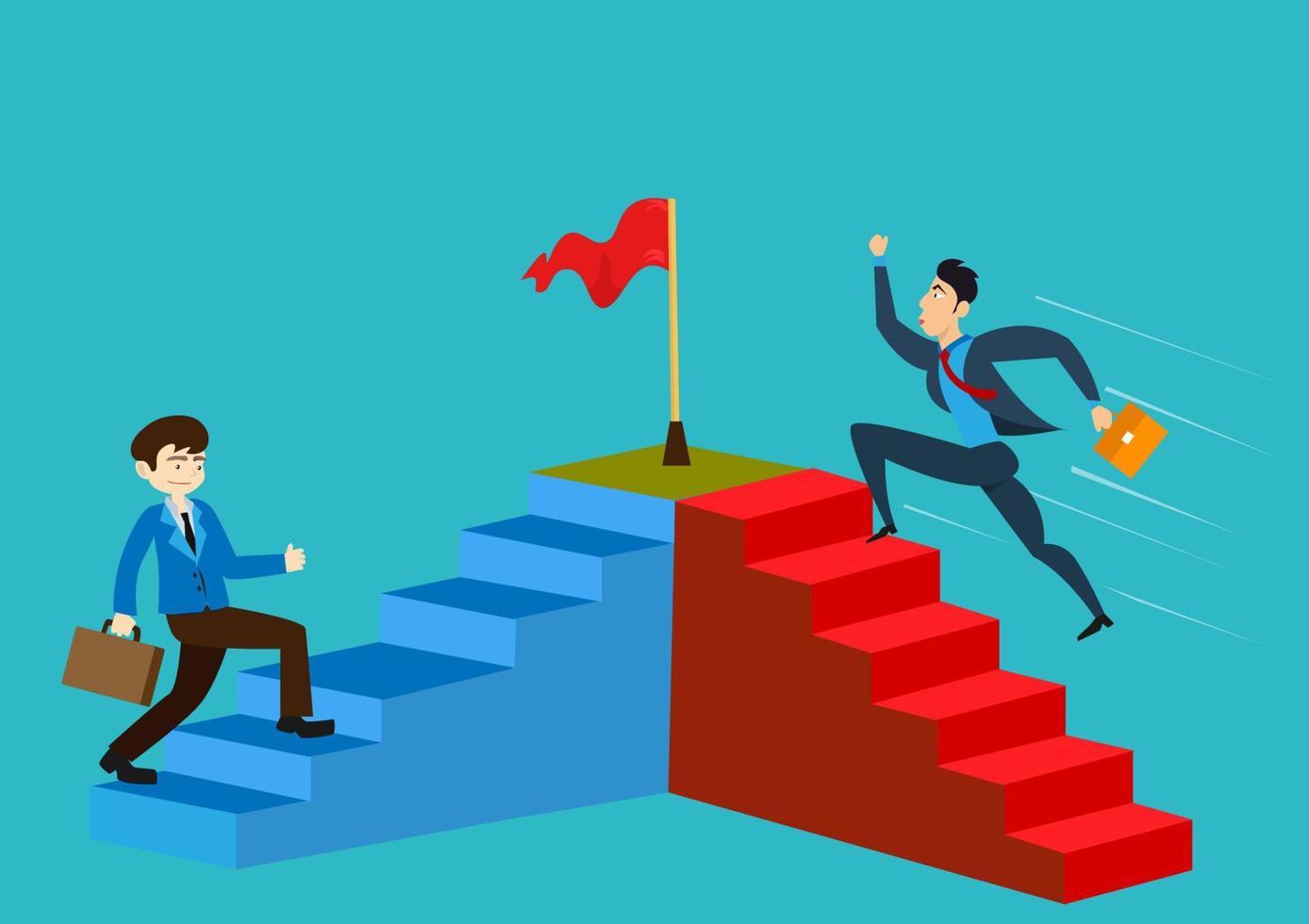 The first business man with a briefcase walks up the stairs slowly. The other quickly ran up the stairs. For the flag that is the target vector