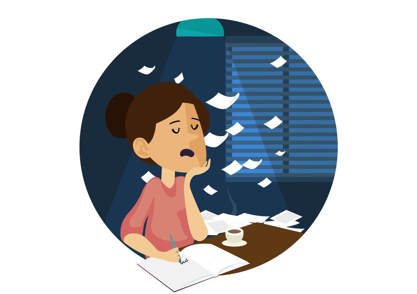 Female character working paperwork from home Till night She was tired and fell asleep. Home work ideas to reduce the spread of COVID-19. Flat style cartoon illustration vector