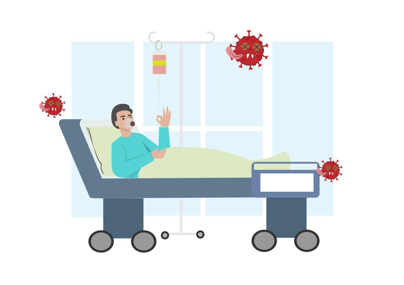 personaje joven enfermo infectado con coronavirus acostado en la cama dormitorio tratamiento médico de cuarentena interior. vector de ilustración de dibujos animados de estilo plano