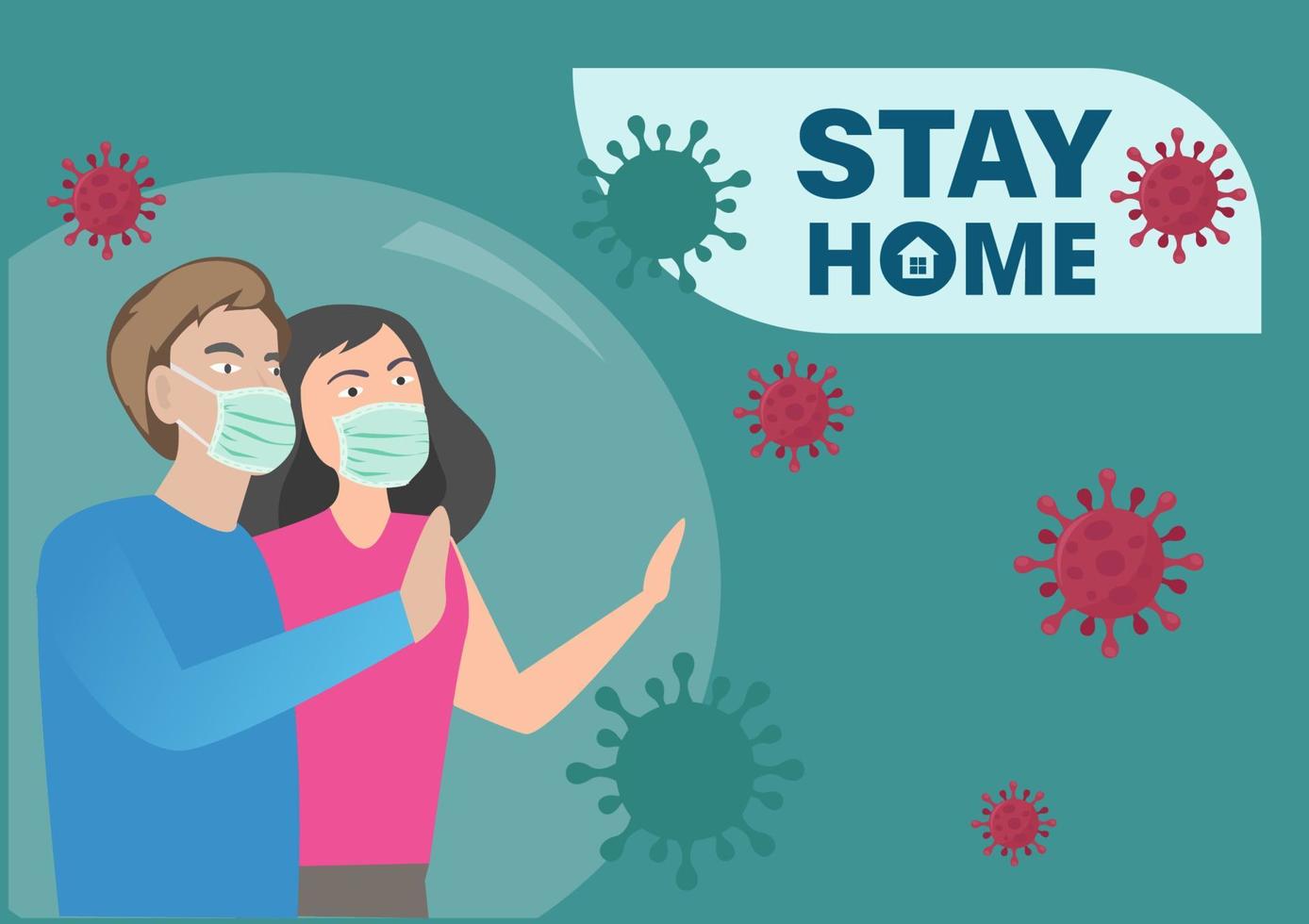 quédese en casa, detenga la propagación del coronavirus, hombres y mujeres bajo una cubierta protectora de vidrio. vector de ilustración de dibujos animados de estilo plano