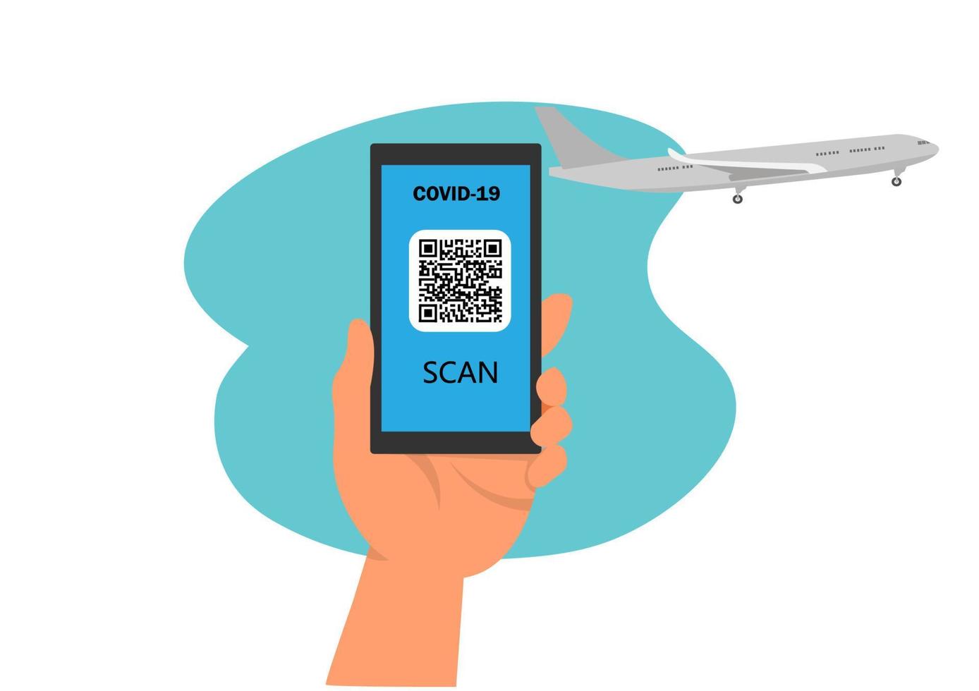 libertad de movimiento el pasaporte sanitario electrónico en la aplicación en la pantalla del teléfono móvil del empresario tiene un código qr para el derecho a volar. vector de ilustración de dibujos animados de estilo plano.