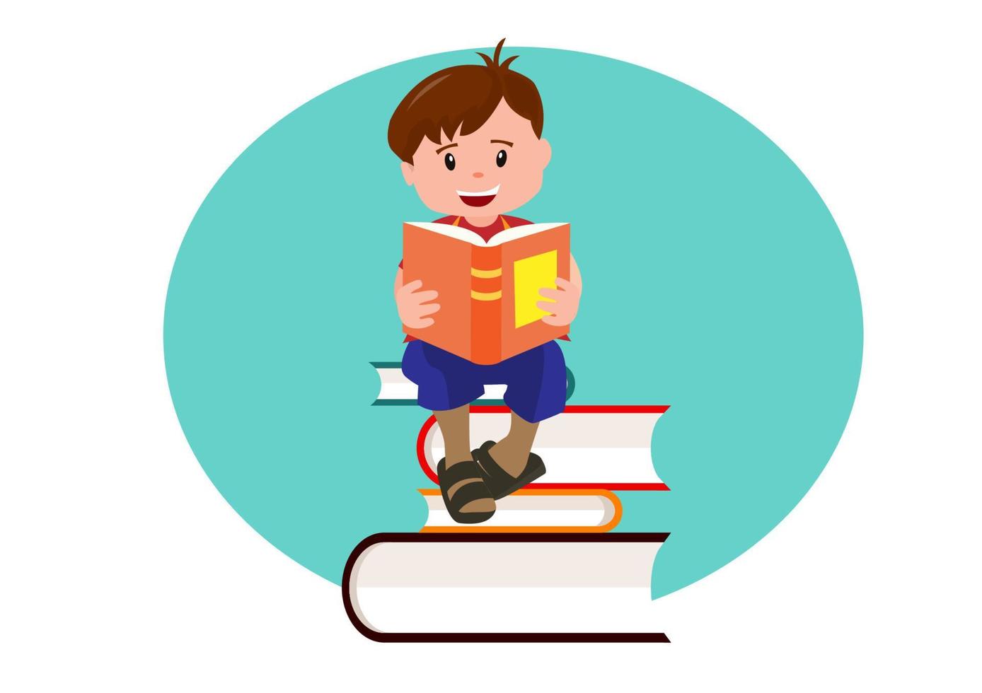 cute boy sitting and reading a book happy students reading books on piles of books. Flat style cartoon illustration vector