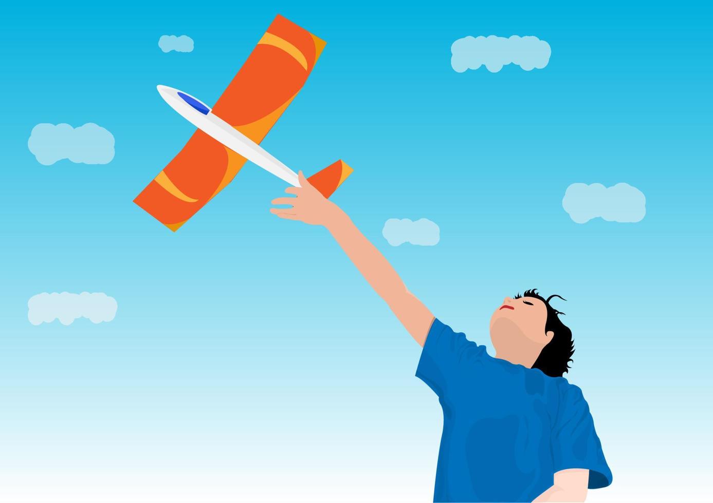 niño feliz jugando con un avión naranja al aire libre ideas para niños y entretenimiento. vector de ilustración de dibujos animados de estilo plano