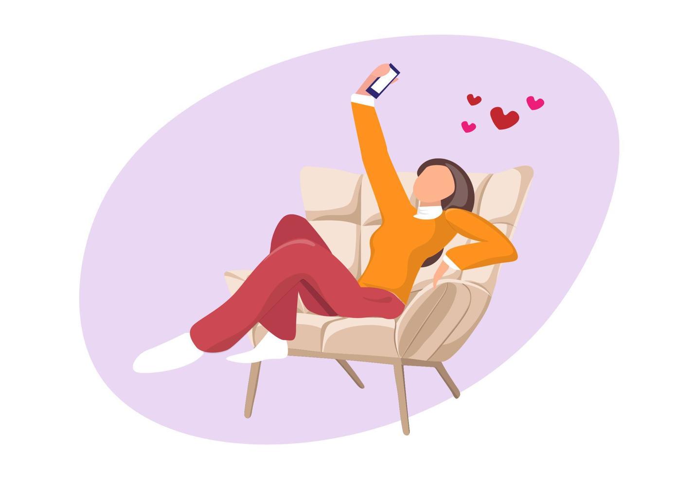 A beautiful woman taking a selfie with a relaxing posture on a round sofa. From a mobile phone Flat style cartoon illustration vector