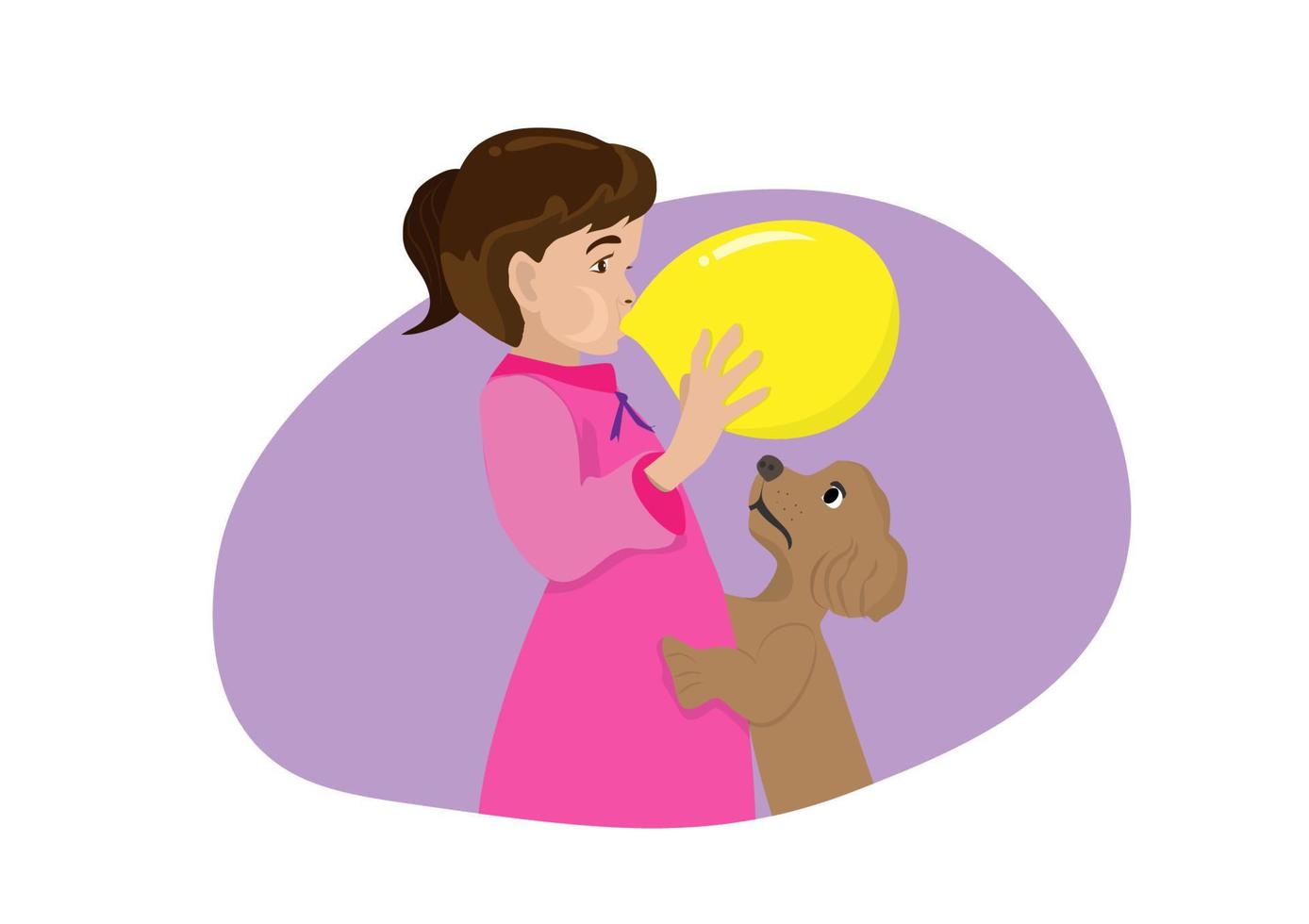 niña soplando globos hay un perrito para ayudar. vector de ilustración de dibujos animados de estilo plano