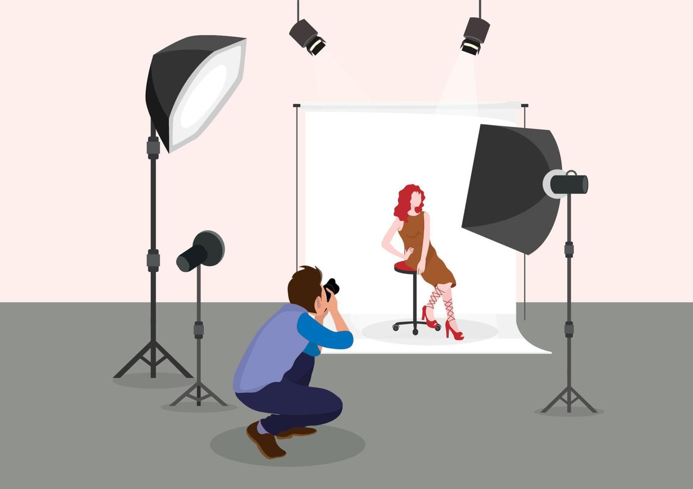 hermosa modelo en estudio fotográfico de moda con fotógrafo sobre fondo blanco con luces brillantes. vector de ilustración de dibujos animados de estilo plano