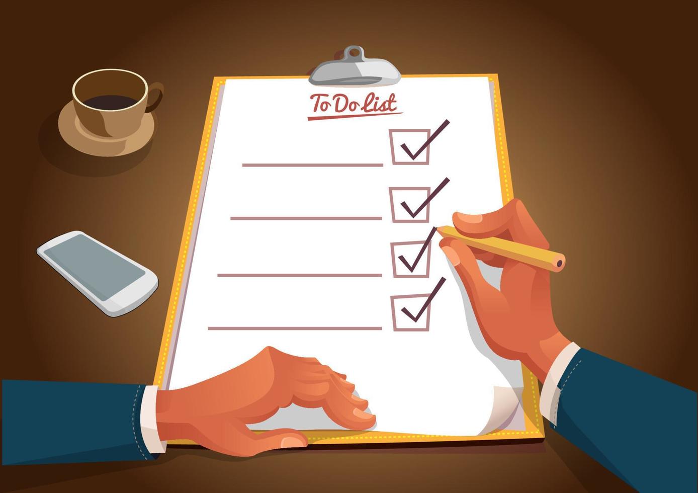 pencil in hand of businessman in large checklist with check mark, business organization and vector concept Check the list with a marker.