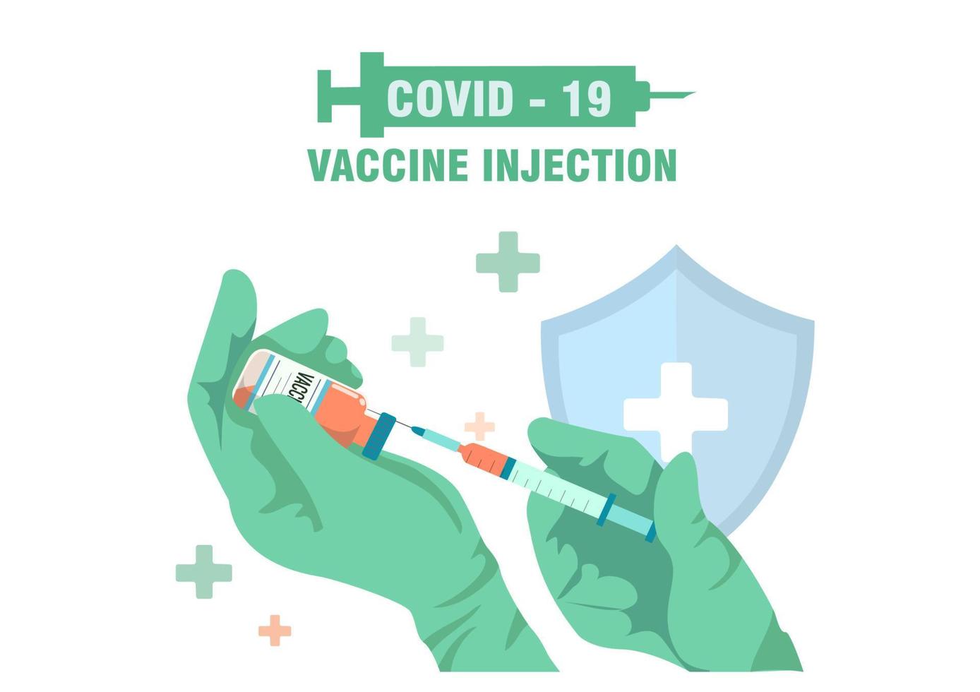 doctor hand wearing rubber gloves holding a syringe and a vaccine bottle and sucking the vaccine out of the bottle against corona virus and have viruses around.Flat design style,Vector illustration. vector