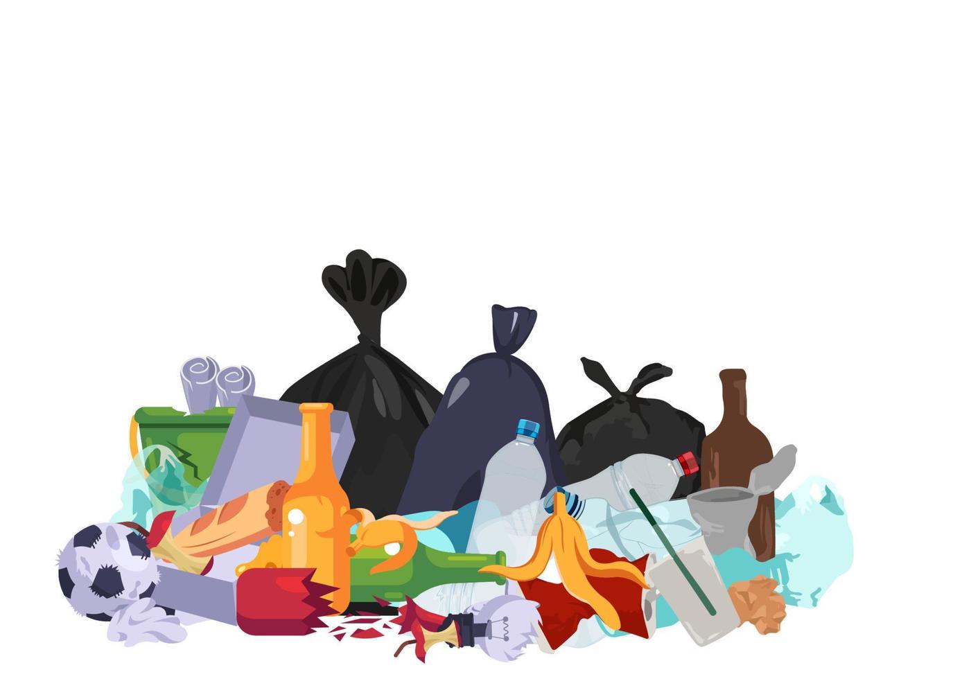 muchas bolsas de basura residuos plásticos en el pavimento, restos de comida, botellas rotas, cajas de cartón, bolsas de plástico y pajitas de plástico. vector de ilustración de dibujos animados de estilo plano