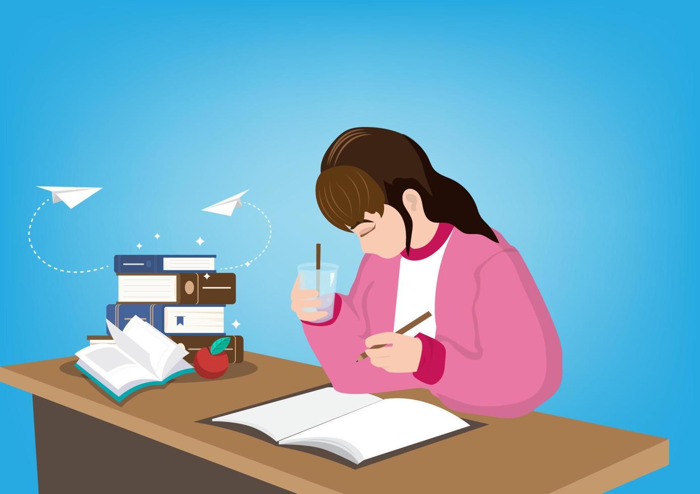 girl doing homework and reading for exams with intention cute female character images. Flat style cartoon illustration vector