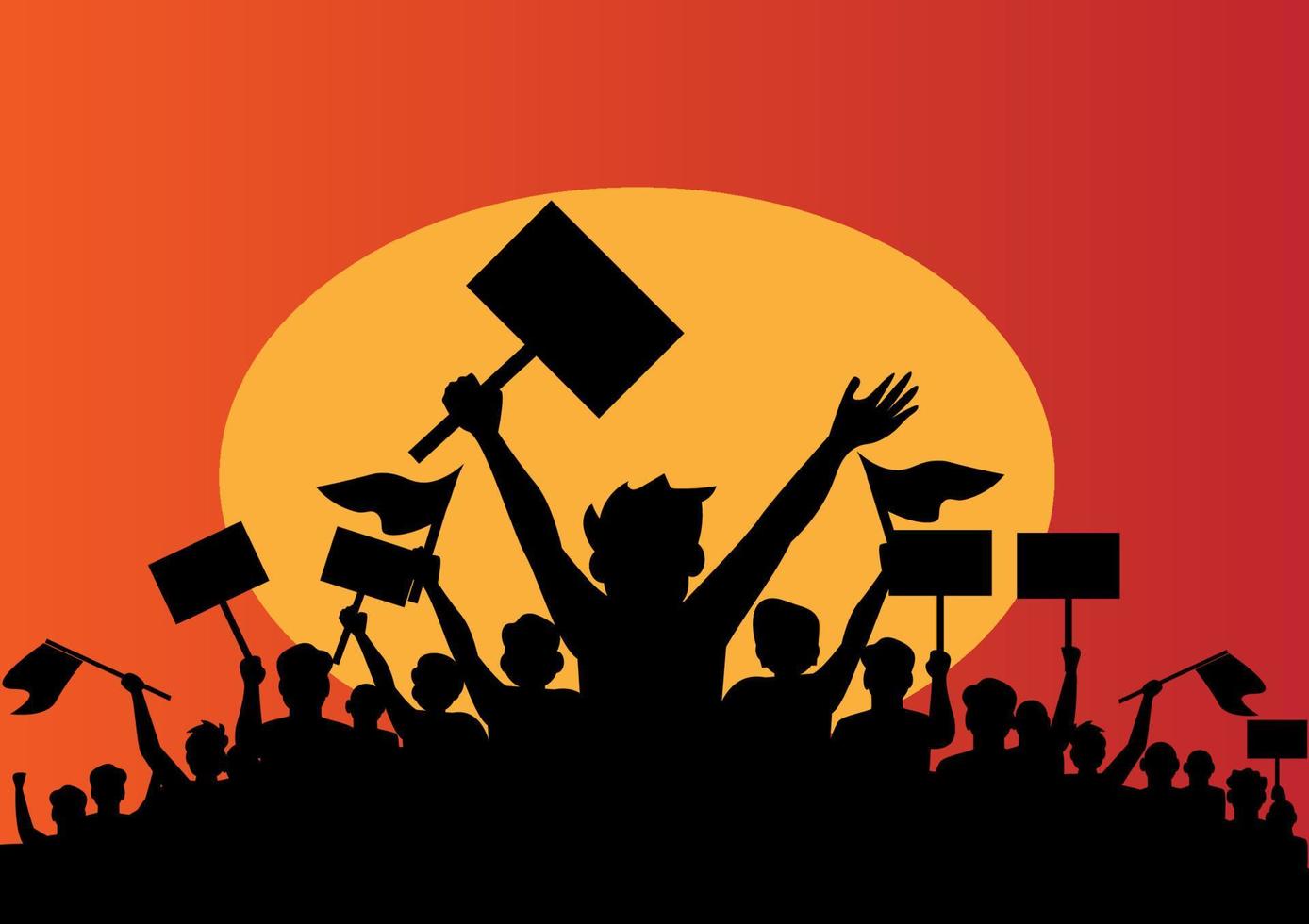 Crowd of protesters people. Silhouettes of people with banners and with raised up hands. Concept of revolution and political or social protest. Flat style cartoon illustration vector