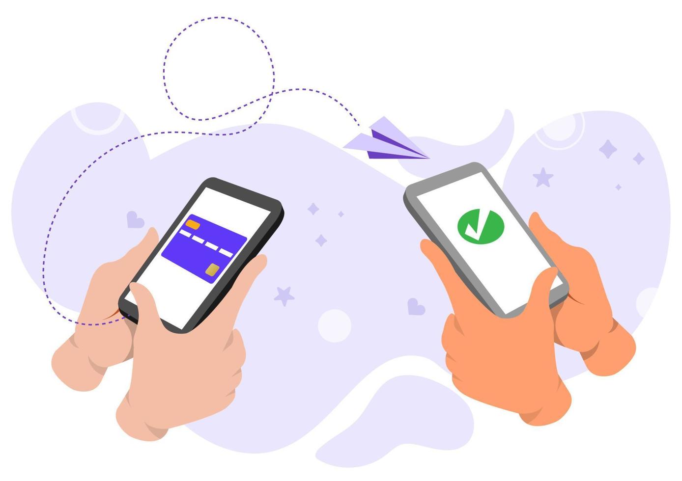 Vector flat illustration for mobile money transfer with human hands holding smartphone with credit card on its screen. Safe and easy payment concept. Flat style cartoon illustration vector