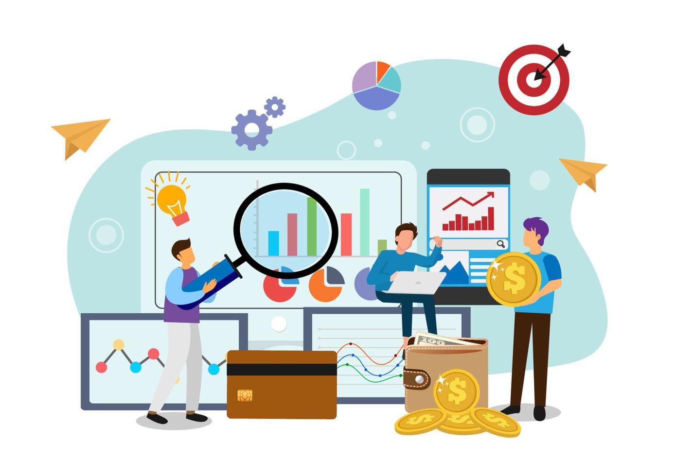 Business teams analyze data using financial charts and dashboards, landing page ideas for business and financial development investments. flat style cartoon illustration vector