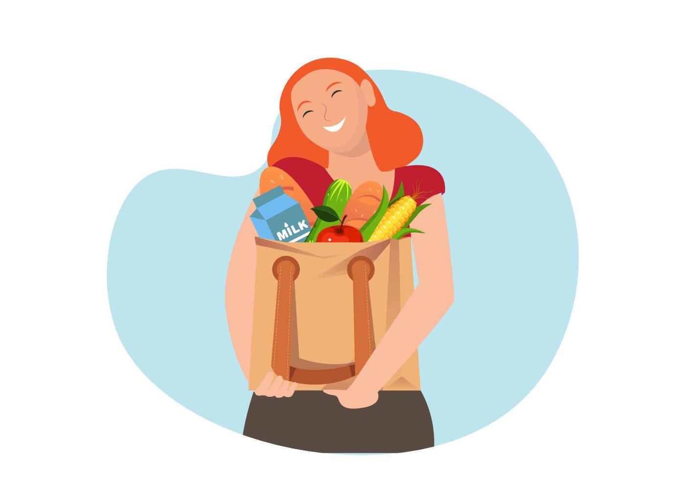 A woman holds a textile bag with vegetables in her hands. Shopping of organic products. Say no to plastic. Waste-free consumption and saving the environment. Eco concept. Vector flat illustration