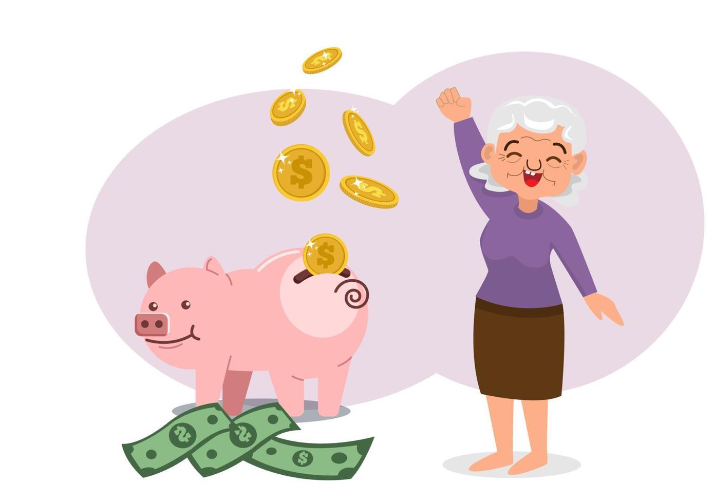 Retirement Savings Ideas old woman character saving money put in a pink piggy bank flat style cartoon illustration vector