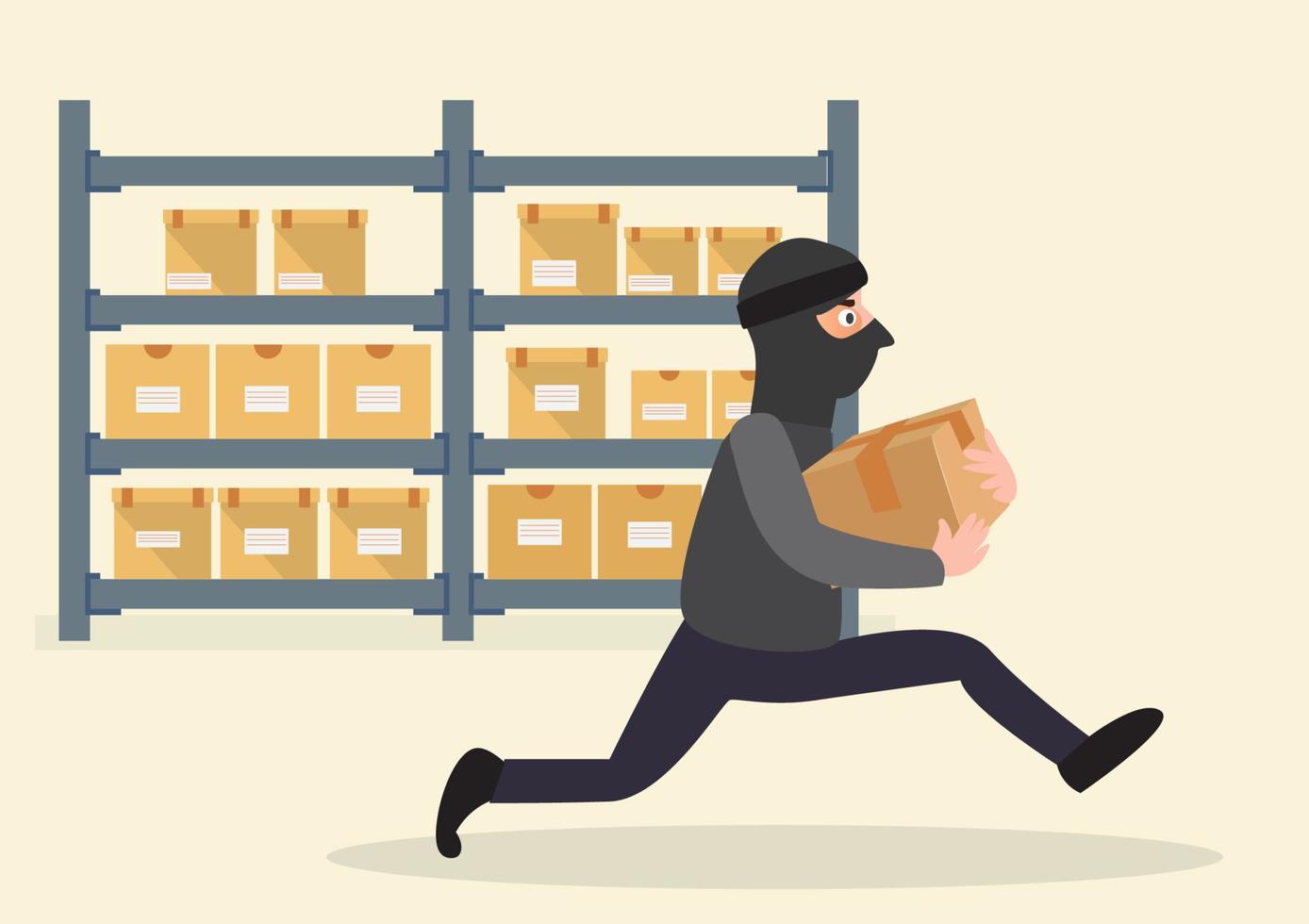 Thieves steal parcels at the post office. at the post office A masked male character in black stole parcels. material from cardboard vector isolated flat cartoon style design illustration