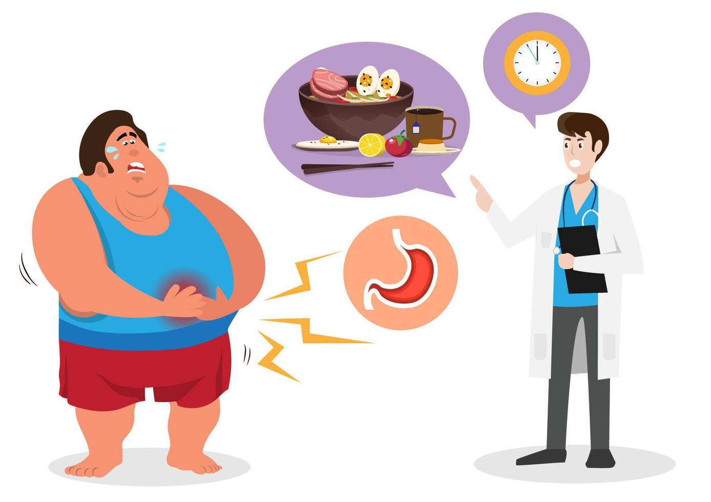 El personaje masculino gordo tiene dolor de estómago. El médico masculino da consejos sobre alimentos fáciles de digerir. comer a tiempo. vector de ilustración de dibujos animados de estilo plano.