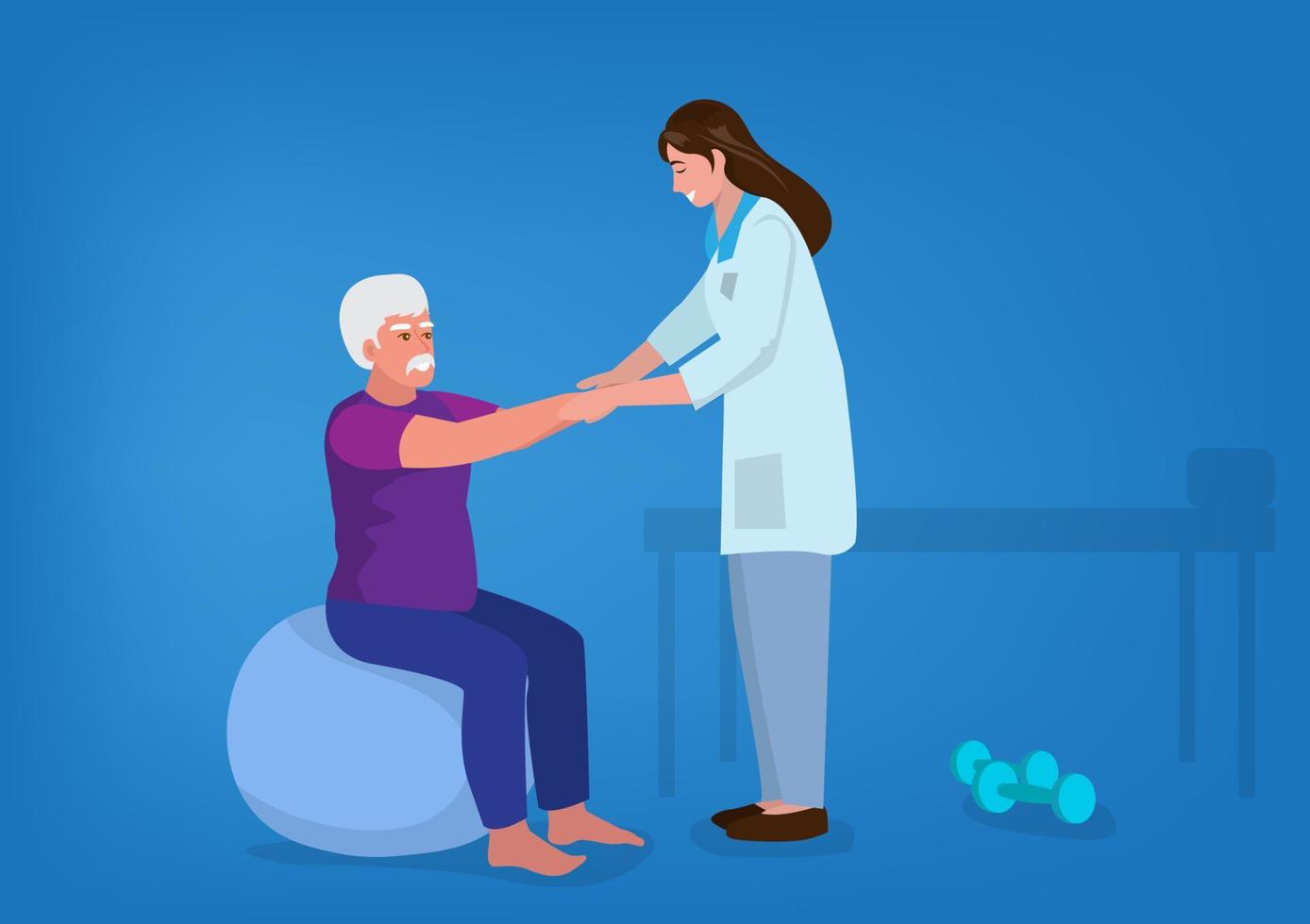 Physiotherapist or rehabilitologist doctor rehabilitates elderly patient. Physiotherapy rehab, injury recovery concept. Vector flat cartoon illustration.