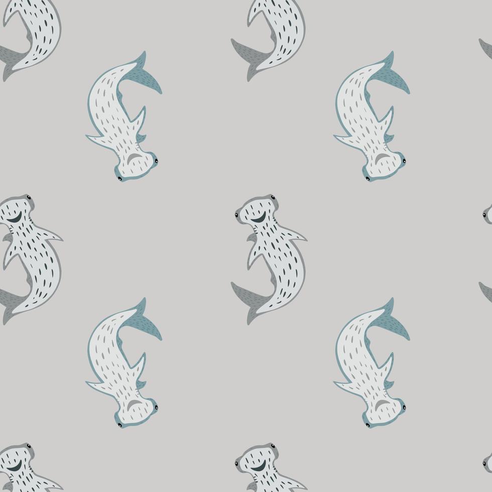 Minimalistic seamless doodle pattern with ocean hammerhead sharks ornament. Grey background. vector