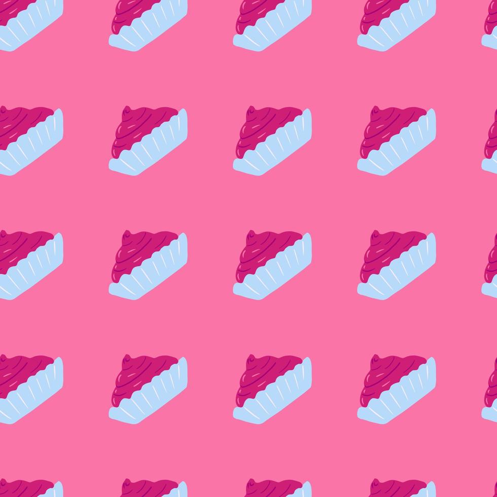 Decorative delicious seamless cupcake pattern. Blue basket with cream on pink bright background. Muffin backdrop. vector