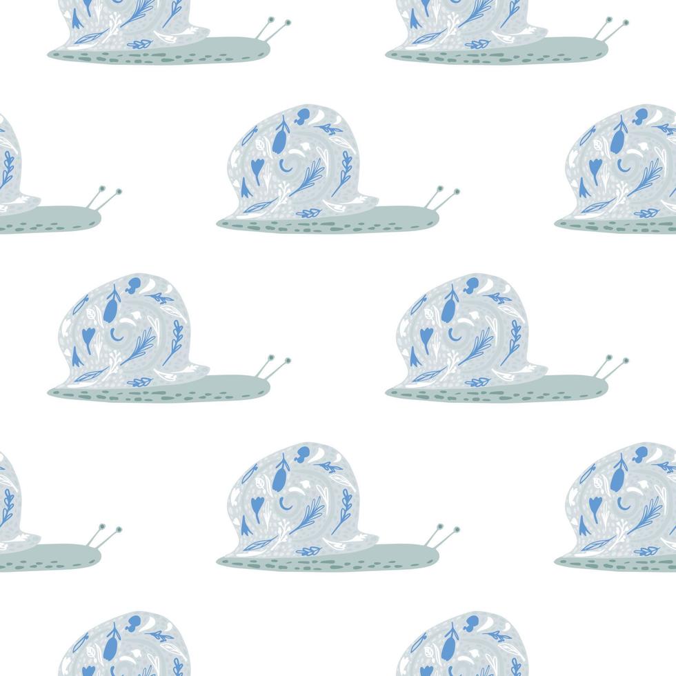 Seamless animal isolated pattern with snail silhouettes ornament. Blue colored nature print on white background. vector