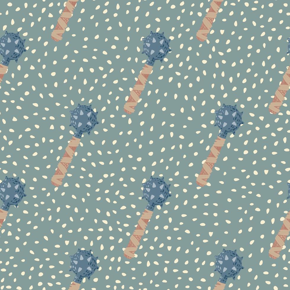 Pastel palette seamless doodle pattern with stylized flail mace shapes. Blue and beige colored weapon on green dotted background. vector